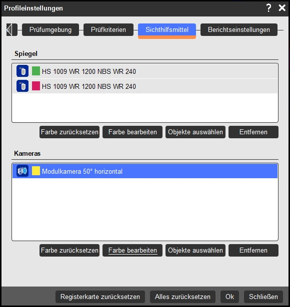 Sichtfeldfarben in den Profileinstellungen der ISO 5721-2